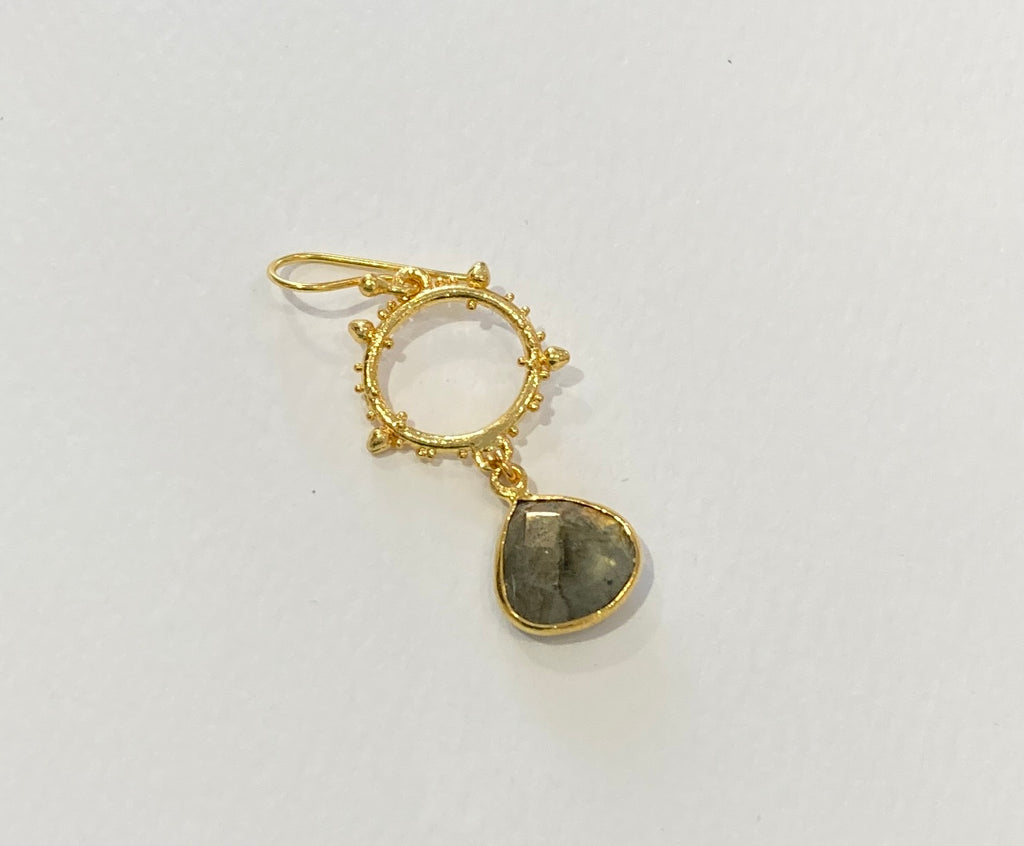 Ashiana gold earrings. Drop Circle with Labradorite/ Malachite stone