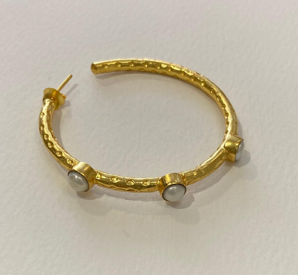 Ashiana gold earrings. Large beaten hoop with Pearl detail