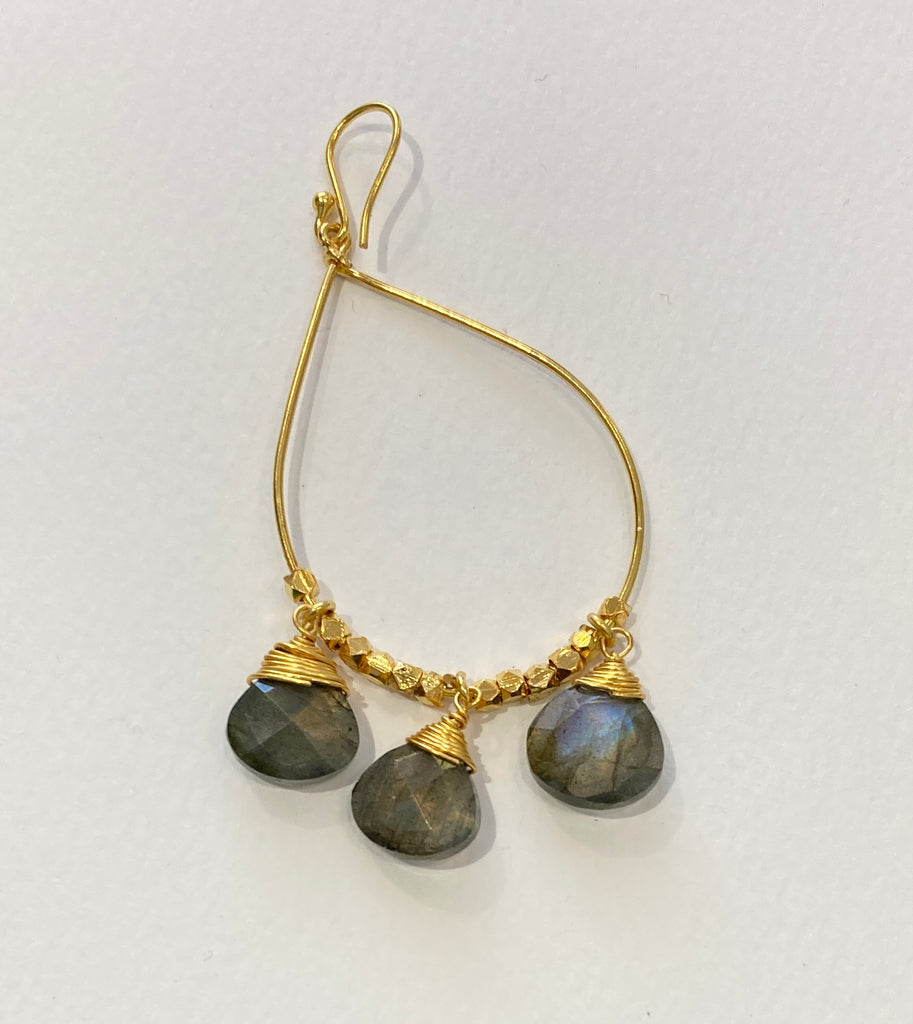 Ashiana gold earrings. Teardrop with three stones.  Labradorite or malachite