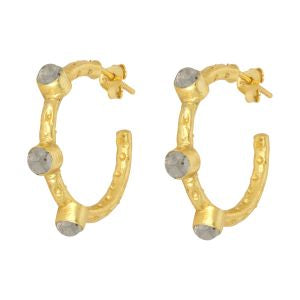 Ashiana gold earrings. Beaten hoop with 3 stones