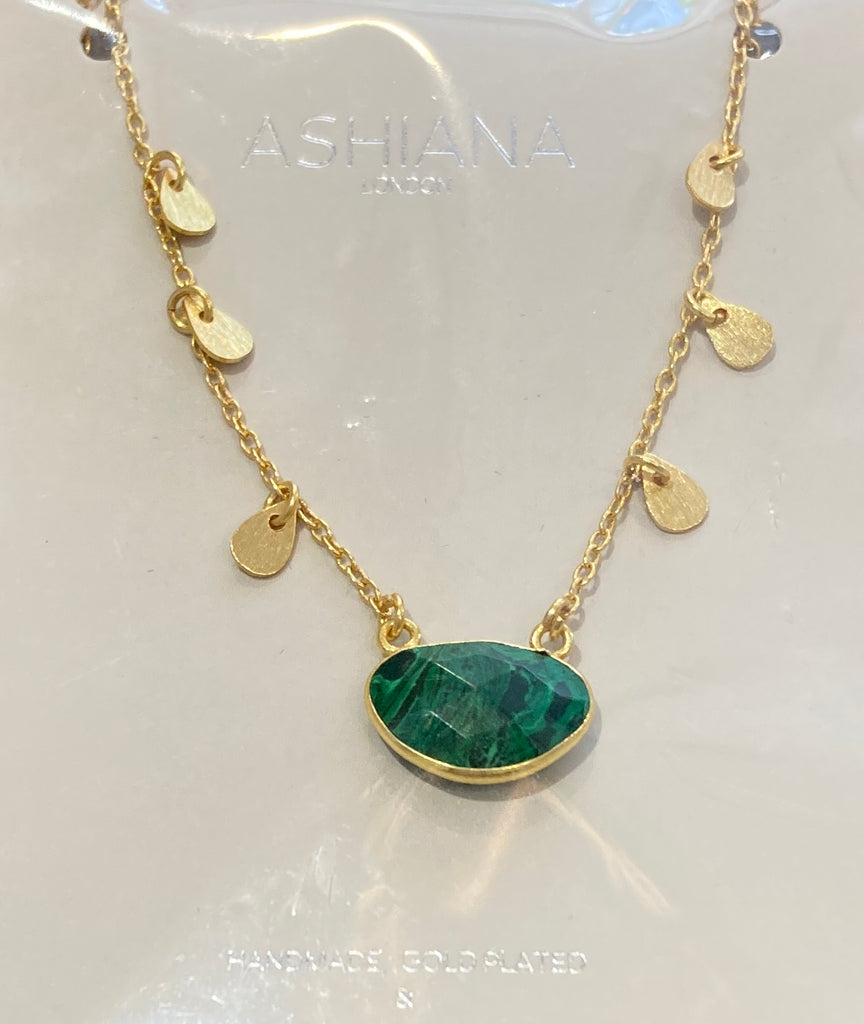 Ashiana, gold necklace with malachite and gold drops